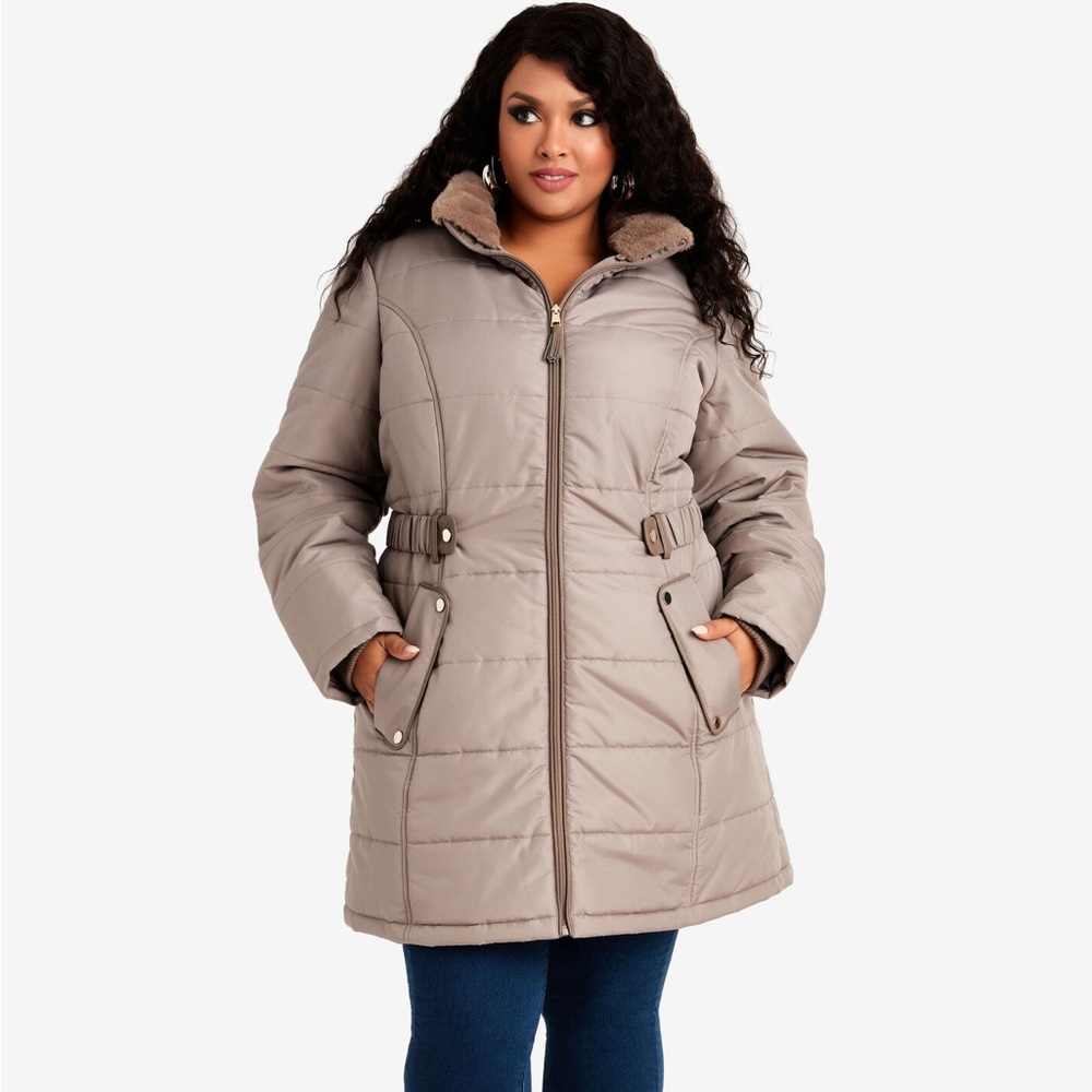 Ashley Stewart Faux Fur Lined Hooded Belted Coat Size 18 / 20